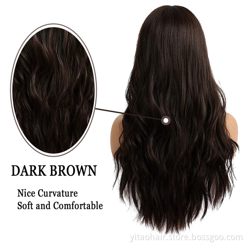 Wholesale Dark Brown Wavy Wig Middle Part Long Wavy Wigs High Quality Natural Hair Wave Synthetic Wig Cosplay Hair